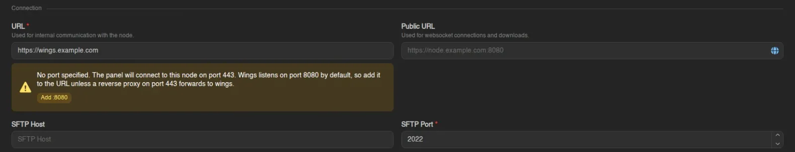 Node connection settings with the proxied URL and the no-port warning
