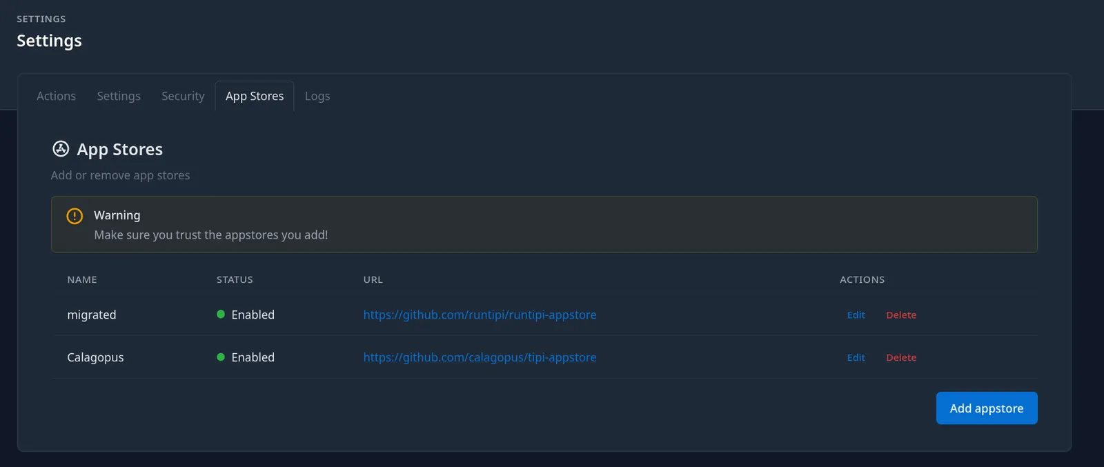 Runtipi App Store Settings