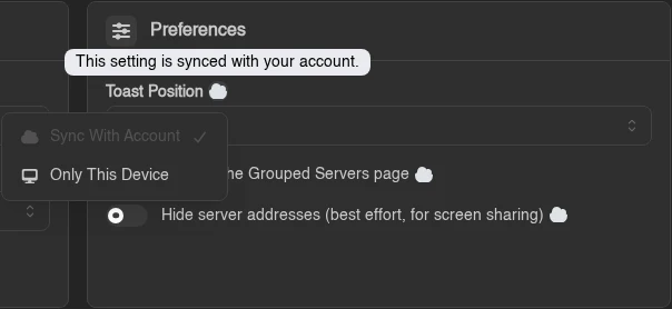 The Preferences card on the account page with the scope menu of the Toast Position setting open, offering Sync With Account and Only This Device