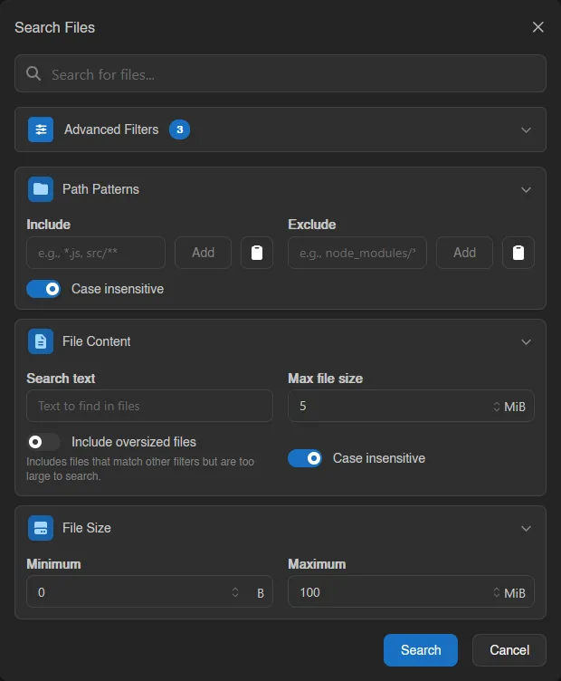 Search modal with advanced filters