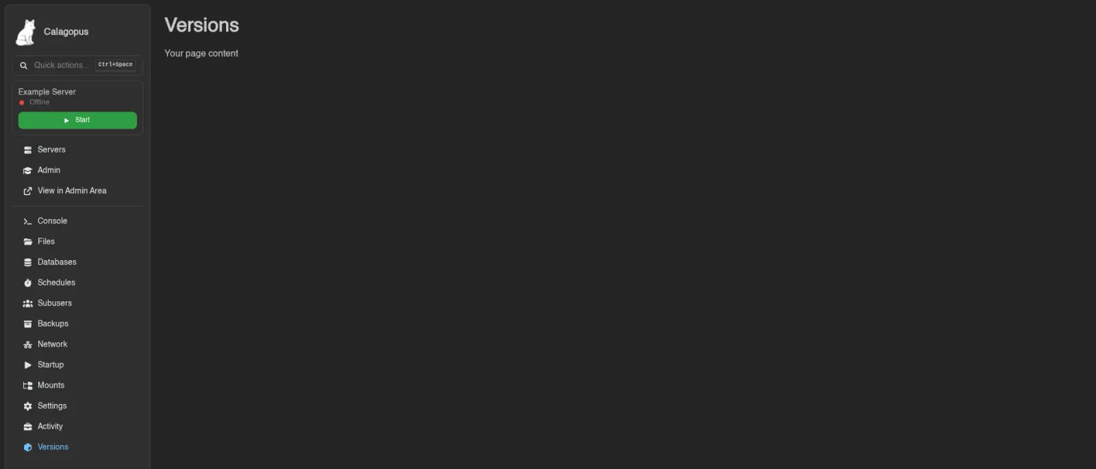 The server sidebar with an extension's Versions entry after Activity, and its page rendered with the standard title bar