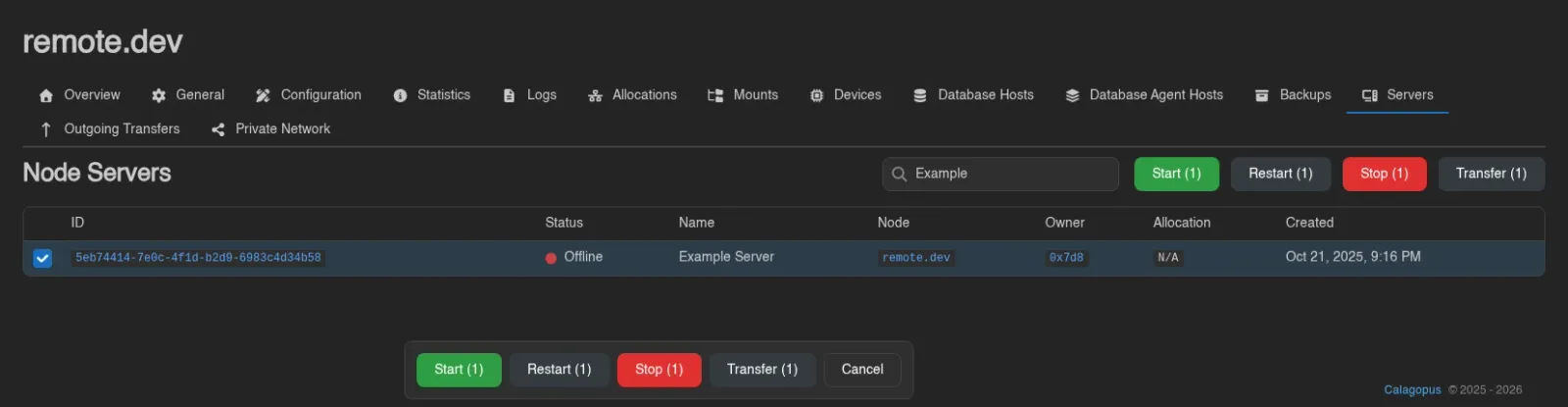 Node server selected with power and Transfer controls