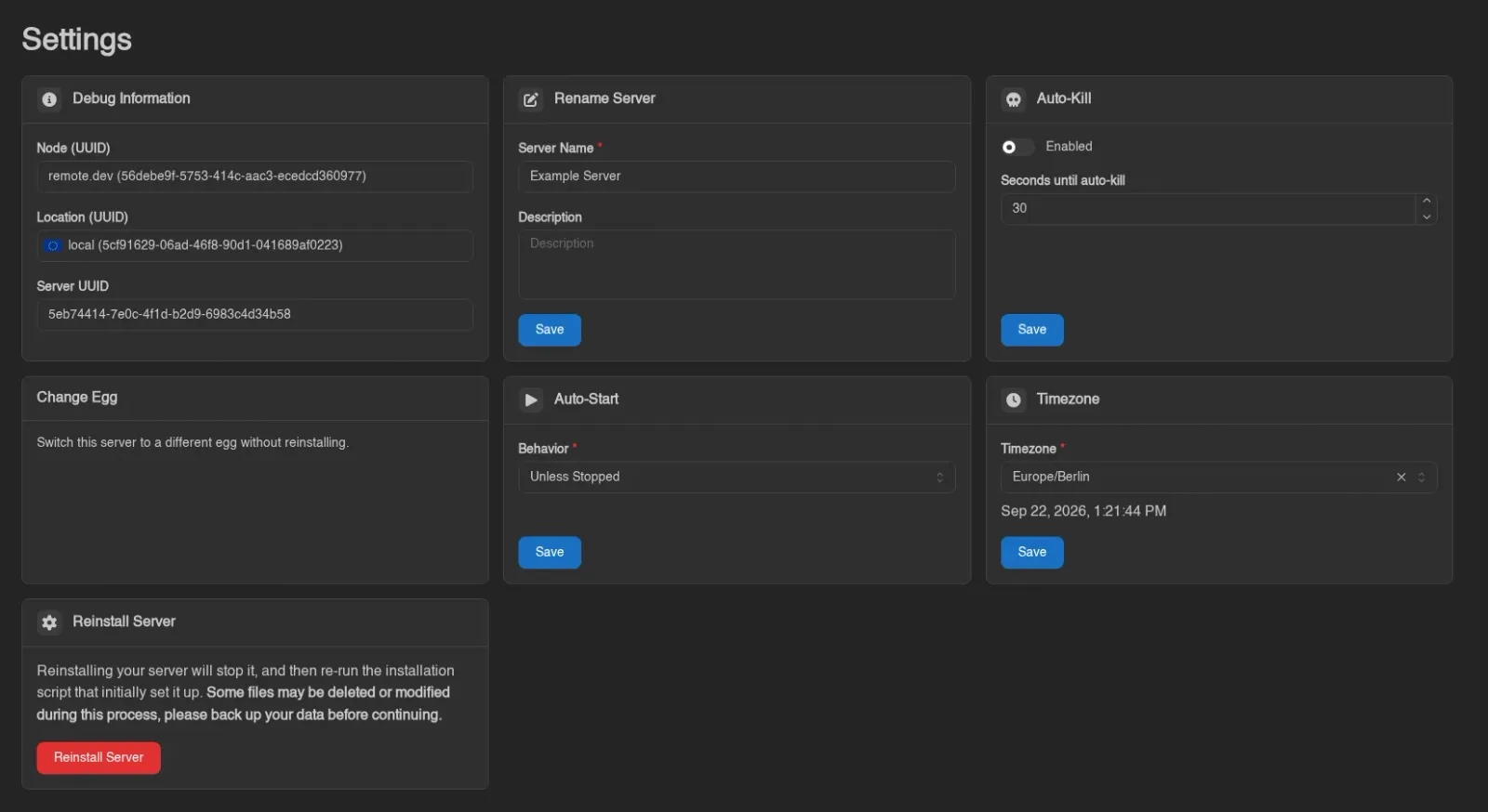The server Settings page with an extension's Change Egg card rendered in the grid between the stock Rename Server and Auto-Start cards