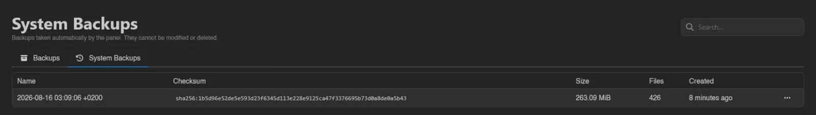 System backups tab