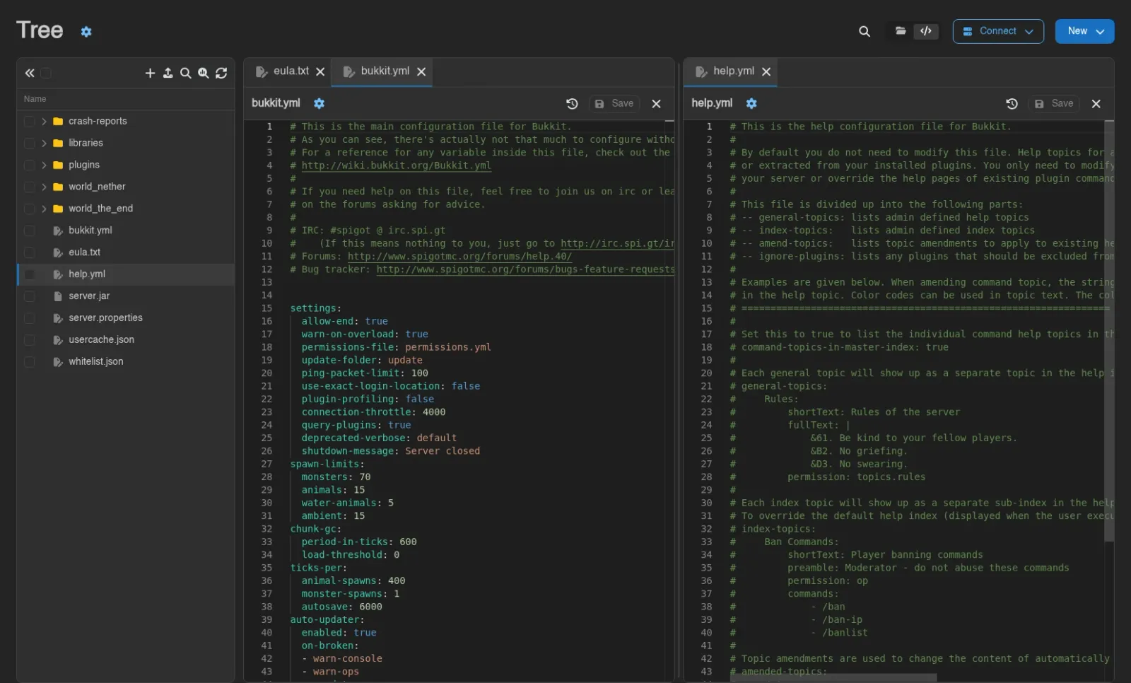 The tree workspace with two editor panes